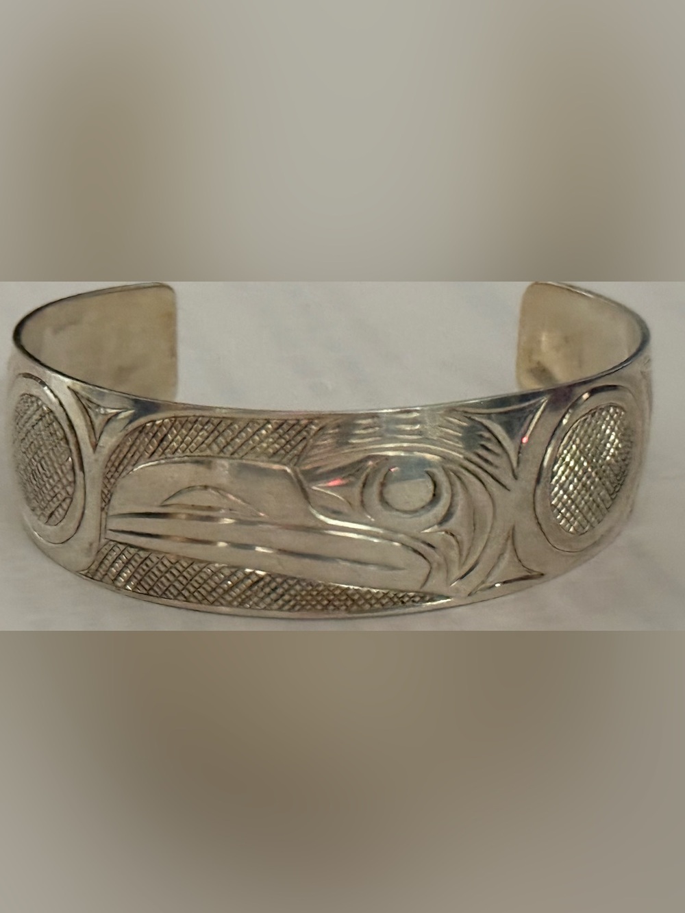 Signed Northwest Coast First Nations  Sterling Silver Cuff Bracelet
